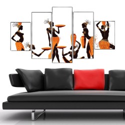Afrika Dansçı Kadınları 5 Parçalı Kanvas Tablo - Thumbnail