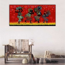 Afrika Etnik Dansçılar Panoramik Kanvas Tablo - 