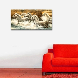 Beyaz Atlar Yatay Panoramik Kanvas Tablo - 