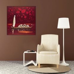 Çiçekler Nehir ve Sandal Kanvas Tablo - 