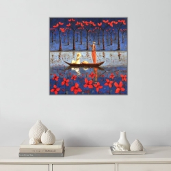Çiçekli Gölde Kano Kanvas Tablo - 