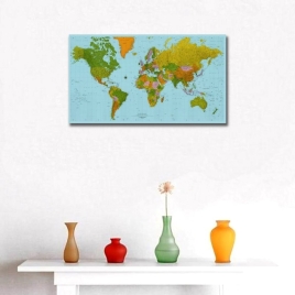 Coğrafi Dünya Haritası Yatay Panoramik Kanvas Tablo - 