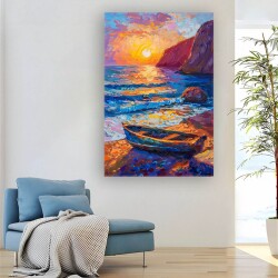 Deniz Kıyısında Gün Batımı ve Tekne Kanvas Tablo - 