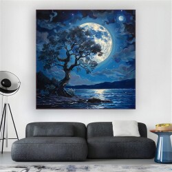 Denize Kenarında Dolunay Kanvas Tablo - 