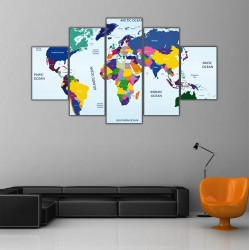 Dünya Haritası 5 Parçalı Kanvas Tablo - Thumbnail
