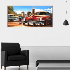 Eski Bilbordlar ve Retro Araba Panoramik Kanvas Tablo 2 - 