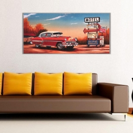 Eski Bilbordlar ve Retro Araba Panoramik Kanvas Tablo 1 - 