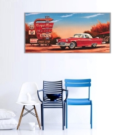 Eski Bilbordlar ve Retro Araba Panoramik Kanvas Tablo - 