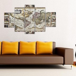 Eski Dünya Haritası 5 Parçalı Kanvas Tablo - Thumbnail