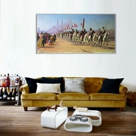 Galata Köprüsünde Sultan Abdulhamit ve Ordusu Panoramik Kanvas Tablo - 