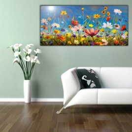 Gökyüzü ve Çiçekler Panoramik Kanvas Tablo - 