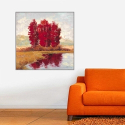 Göl Kenarında Kızıl Ağaçlar Kanvas Tablo - 