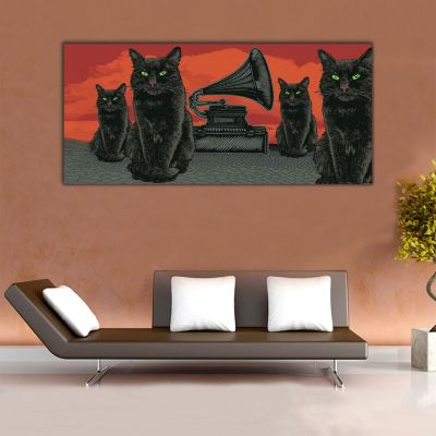 Gramafon ve Kara Kedi Panoramik Kanvas Tablo