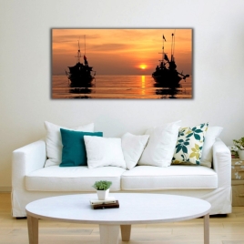 Gün Batımı ve Gemiler Panoramik Kanvas Tablo - 