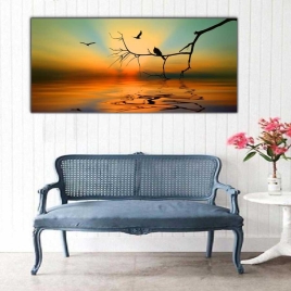 Gün Batımında Daldaki Kuşlar Panoramik Kanvas Tablo - 