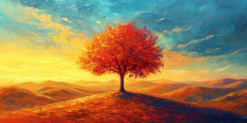 Günbatımı ve Tepedeki Ağaç Kanvas Tablo - 2