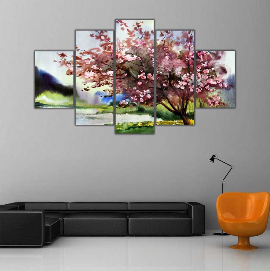 Ilkbaharda Cicek Acan Agac 5 Parcali Kanvas Tablo Dekoratif