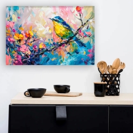 İlkbaharda Çiçekler ve Kuş Kanvas Tablo 2 - 