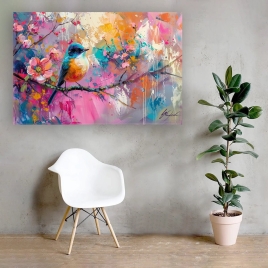 İlkbaharda Çiçekler ve Kuş Kanvas Tablo - 