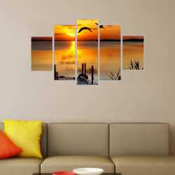 İskelede Martılar ve Gün Batımı Kanvas Tablo - 