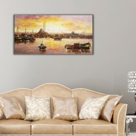 İstanbul Manzarası Yağlı Boya Panoramik Kanvas Tablo - 