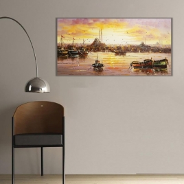İstanbul'da Gün Batımı Yağlı Boya Panoramik Kanvas Tablo - 