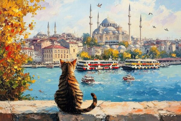 İstanbulu Seyreden Kedi Kanvas Tablo - 2