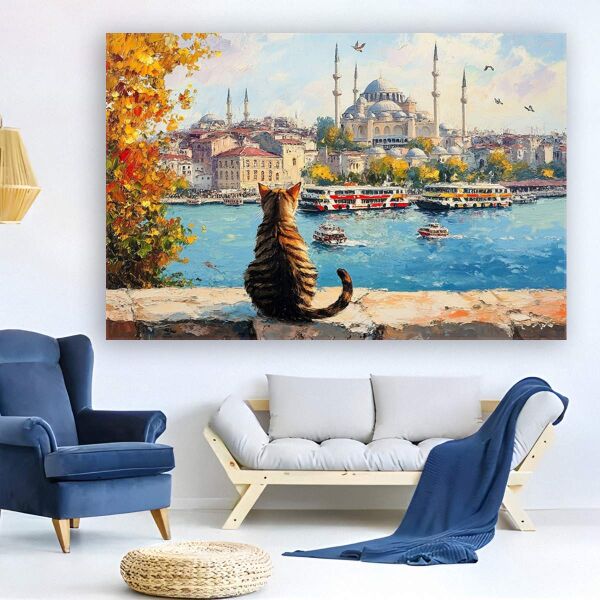 İstanbulu Seyreden Kedi Kanvas Tablo - 1