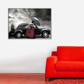 Kadın ve Retro Araba Kanvas Tablo - 