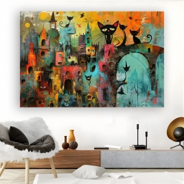 Kediler ve Evler Kanvas Tablo 2 - 