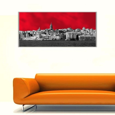 Kırmızı Fonda İstanbul ve Galata Kulesi Manzarası Panoramik Kanvas Tablo