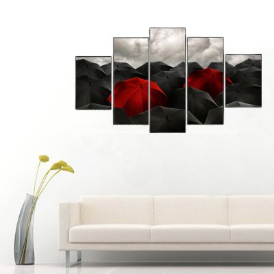 Kırmızı Siyah Şemsiyeler 5 Parçalı Kanvas Tablo