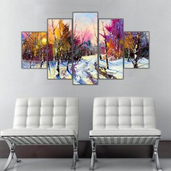 Kış Manzarası Soğuk Renkler 5 Parçalı Kanvas Tablo - Thumbnail