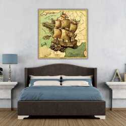 Korsan Gemisi ve Dünya Haritası Kanvas Tablo - 