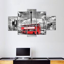London City Red Bus 5 Parçalı Kanvas Tablo - Thumbnail