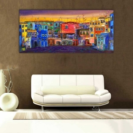 Mahalle Tasviri Panoramik Kanvas Tablo - 