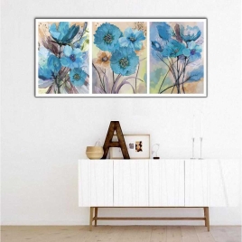 Mavi Çiçekler Panoramik Kanvas Tablo - 