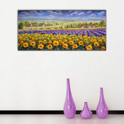 Monet Ay Çiçeği ve Lavanta Tarlaları Panoramik Kanvas Tablo