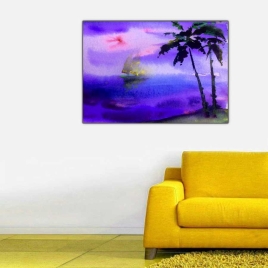 Mor Temalı Sahil ve Palmiye Tablosu - 