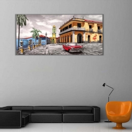 Motel ve Retro Araba Panoramik Kanvas Tablo - 