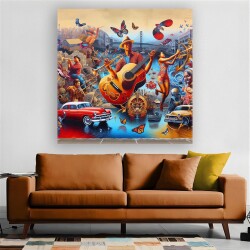 Müzik Şehir ve Retro Arabalar Kolajı Kanvas Tablo - 