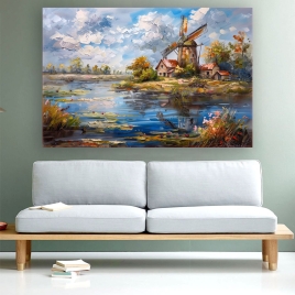 Nehir Kenarındaki Yel Değirmeni Kanvas Tablo - 