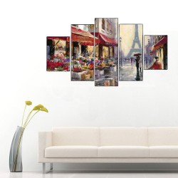 Paris Sokak ve Eyfel Kulesi 5 Parçalı Kanvas Tablo - Thumbnail