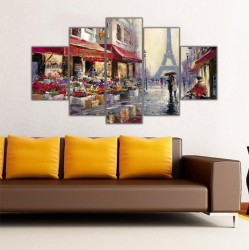 Paris Sokakları ve Eyfel Kulesi 5 Parçalı Kanvas Tablo - Thumbnail