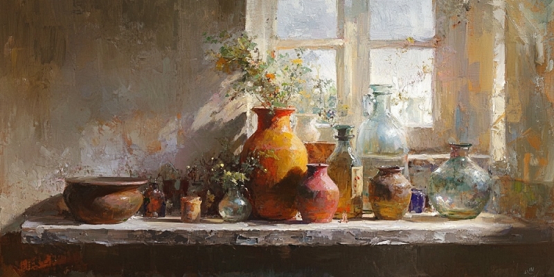 Pencere Önünde Vazolar Kanvas Tablo - 2