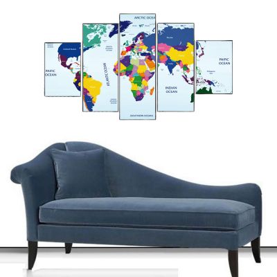 Renkli Dünya Haritası 5 Parçalı Kanvas Tablo