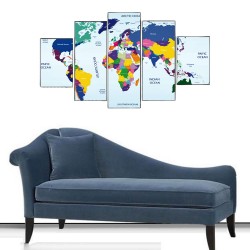 Renkli Dünya Haritası 5 Parçalı Kanvas Tablo - Thumbnail