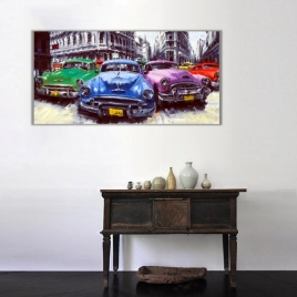 Retro Arabalar Panoramik Kanvas Tablo - 