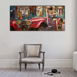 Retro Otomobil ve Kadın Panoramik Kanvas Tablo - 