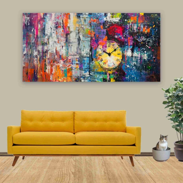 Saat ve Abstre Renkler Kanvas Tablo - 1